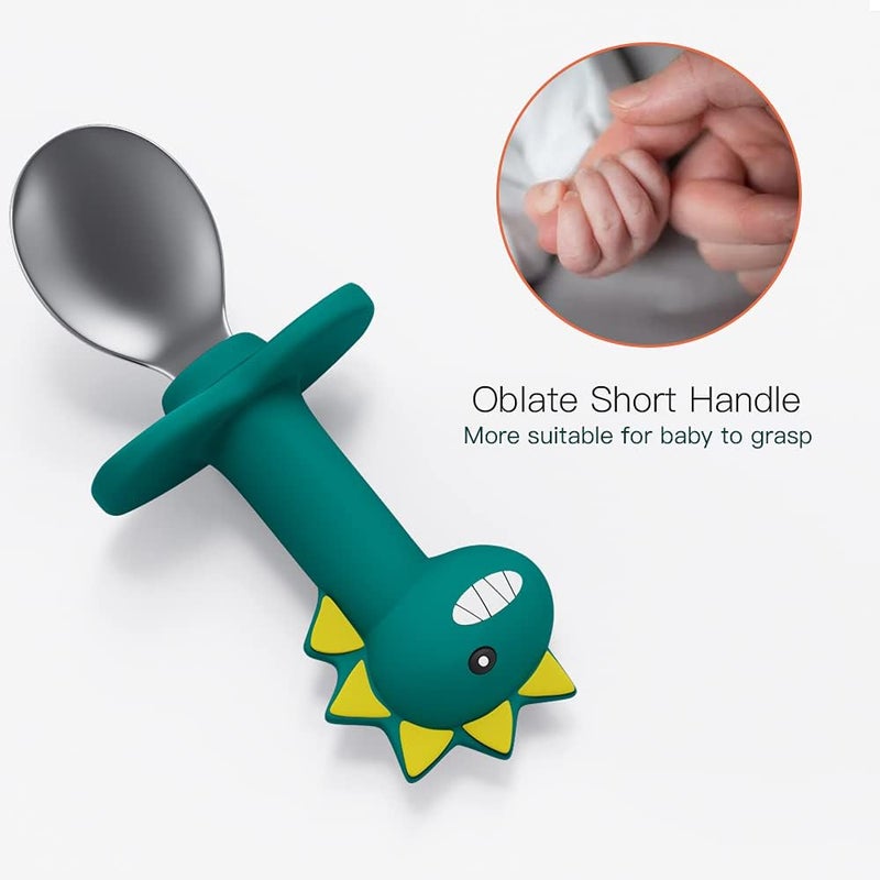 SFCCMM Fork and Spoon Cartoon Set Baby Stainless Children Safe Utensil Set No BPA Spoons Flatware For Kids and Toddler (Green Dinosaur - Short) - Image 5